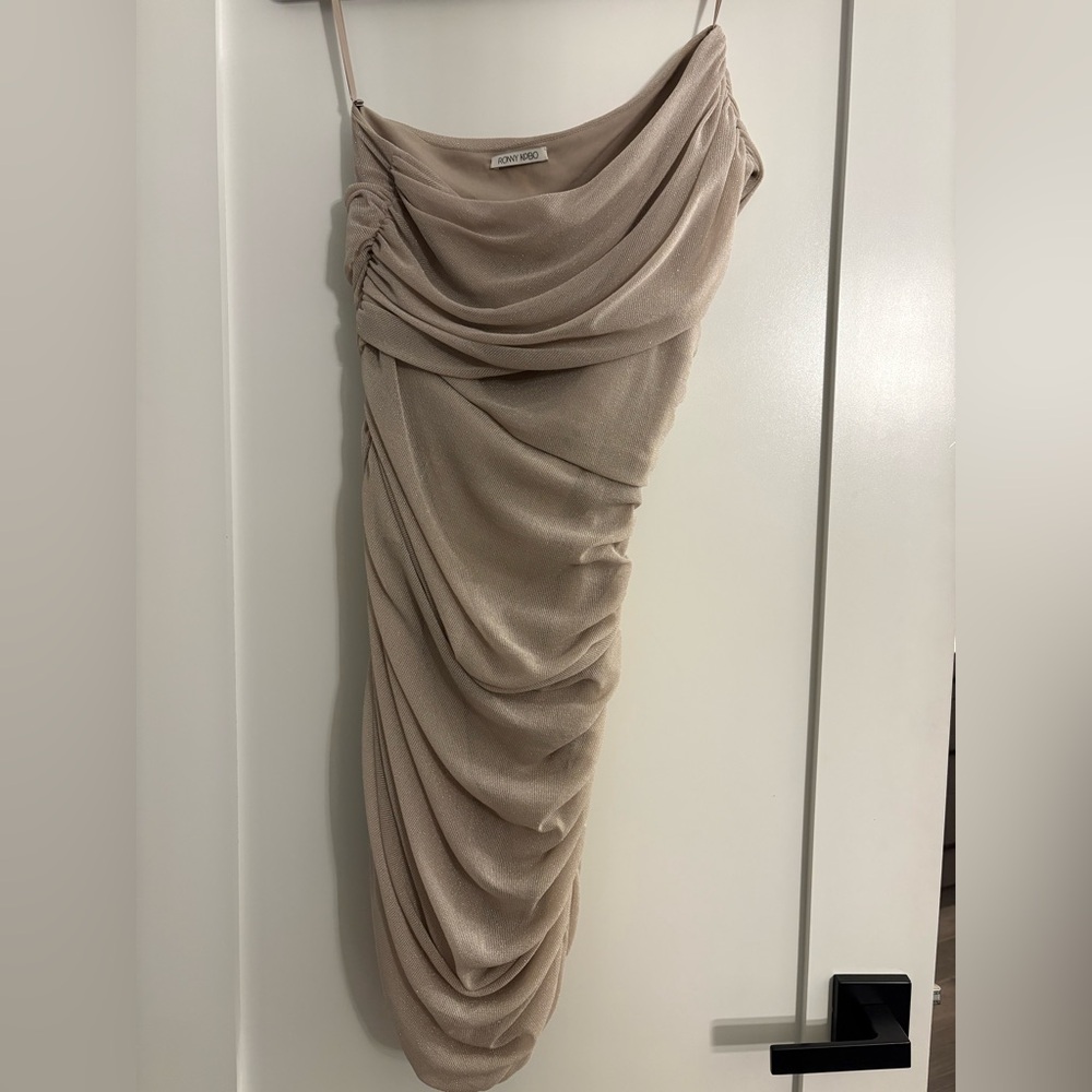 Ronny Kobo Elegant Beige Ruched Dress- silver gorgeous exposed zipper NEVER WORN